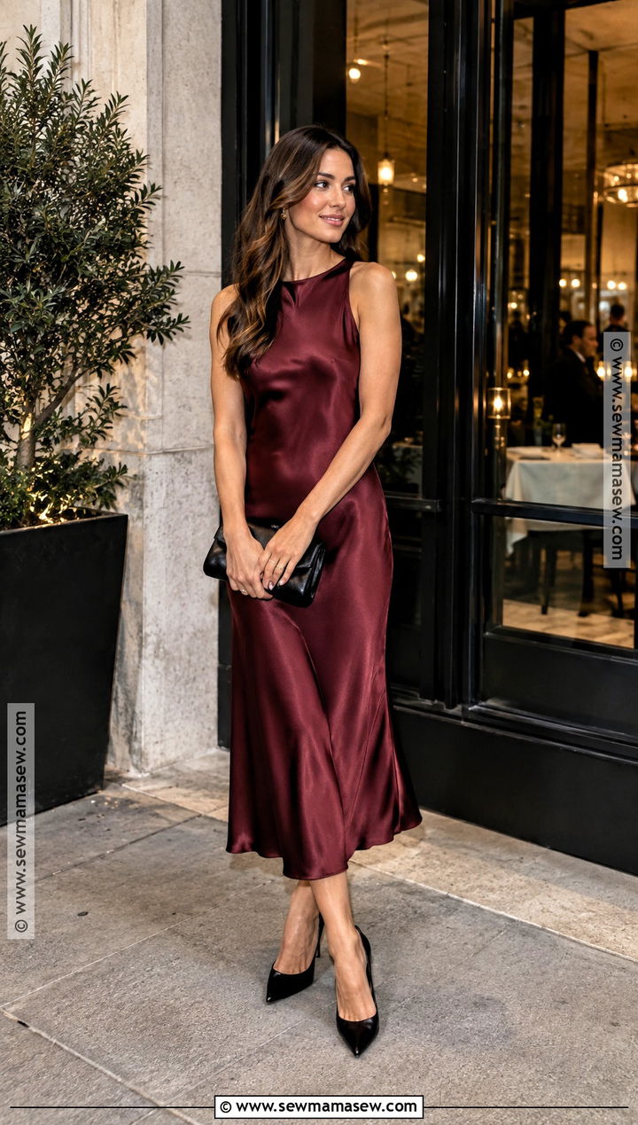 Burgundy Satin Midi Dress for a Fall Rehearsal Dinner - 20 fall rehearsal dinner outfit ideas