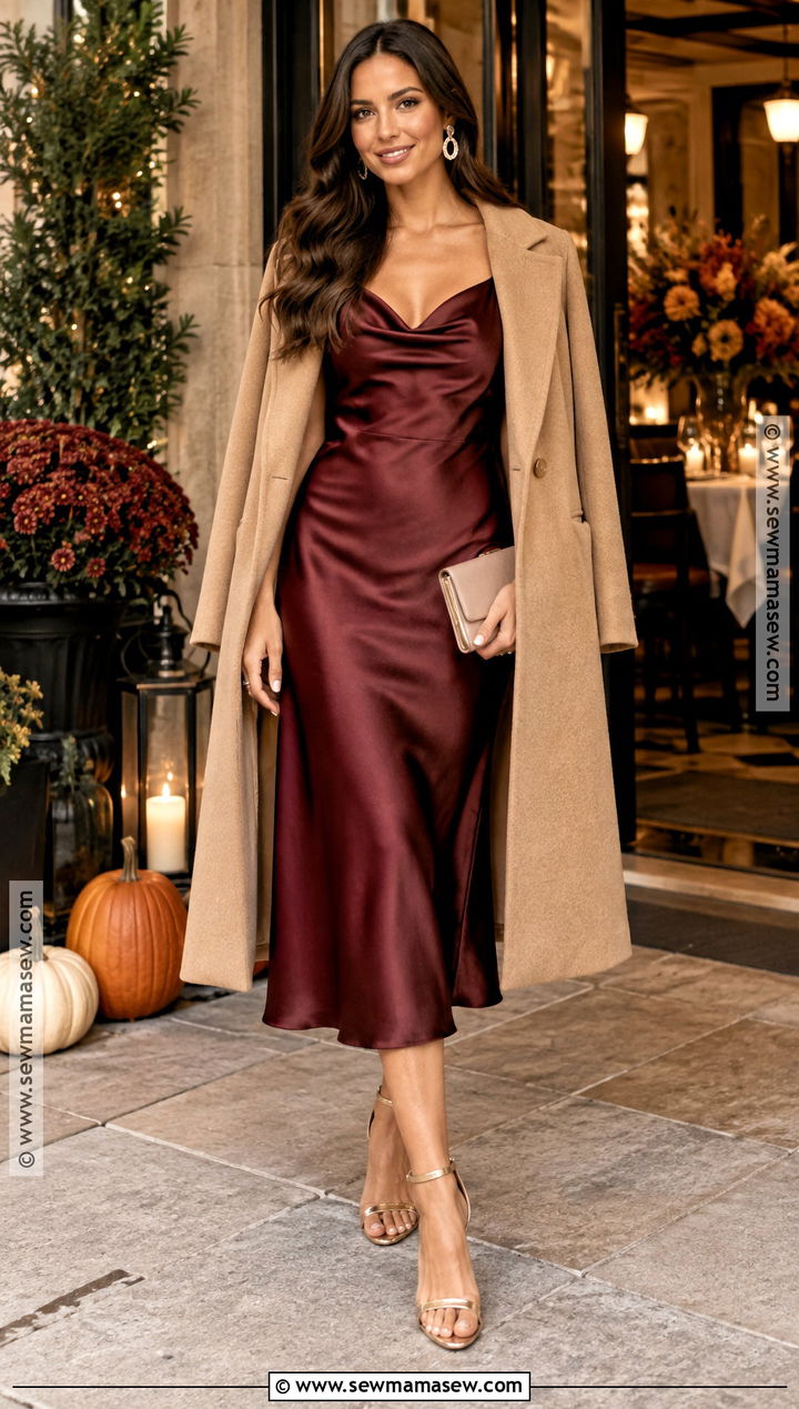 Burgundy Satin Midi Fall Engagement Party Dress - 15 fall engagement party dress ideas
