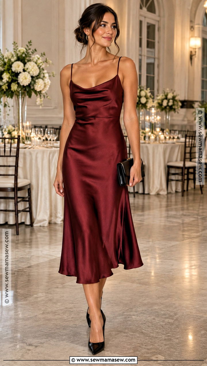 Burgundy Satin Midi Fall Wedding Guest Dress - 15 wedding reception dress for guest fall ideas