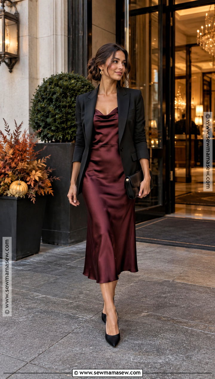 Burgundy Satin Midi Fall Wedding Outfit - 25 fall wedding outfits
