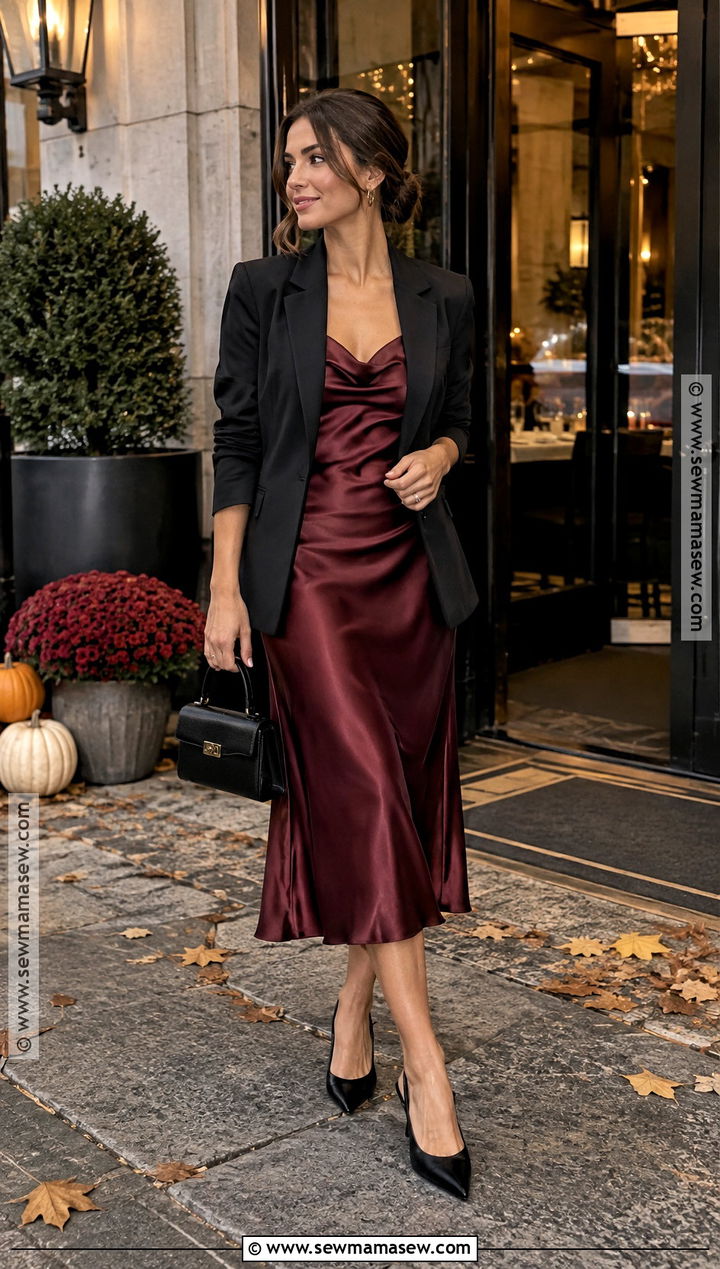Burgundy Satin Midi Rehearsal Dinner Outfit - 20 rehersal dinner outfit fall guest ideas