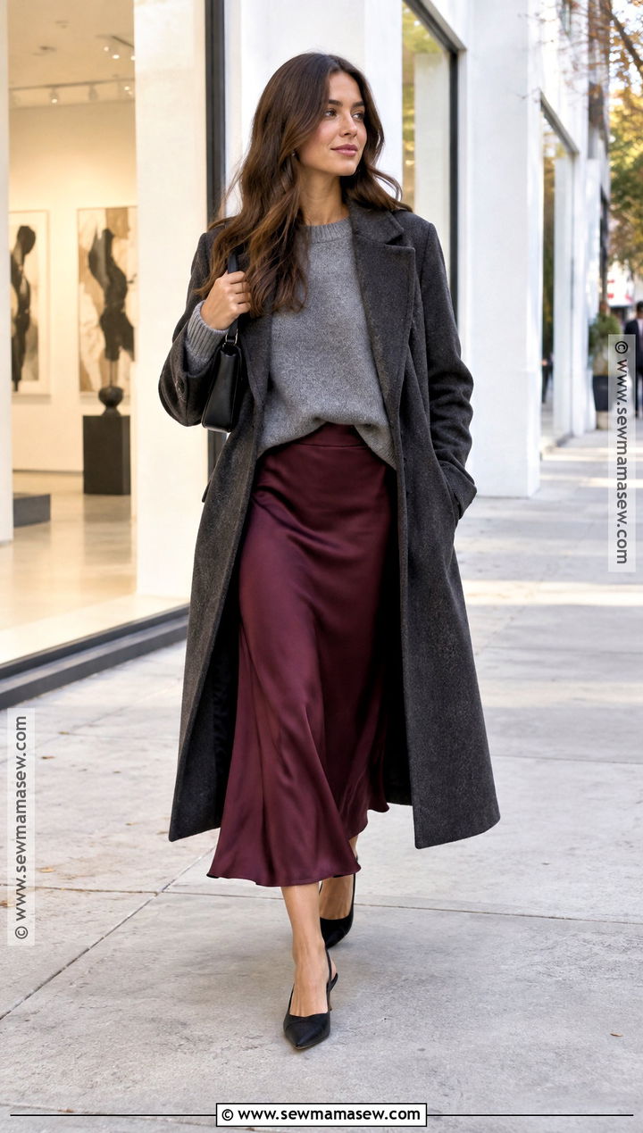 Burgundy Satin Midi Skirt With Gray Sweater And Slingbacks - 25 fall midi skirt outfit ideas