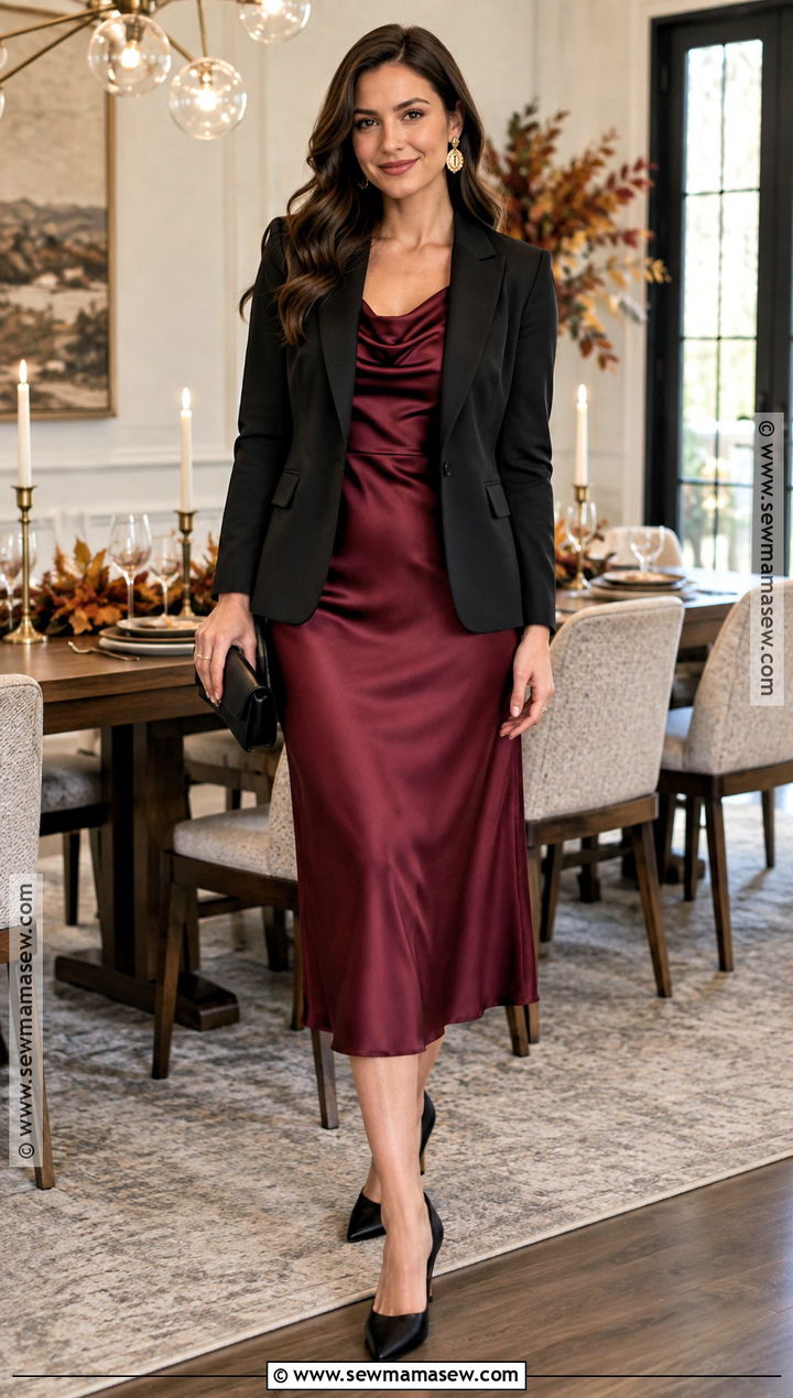 Burgundy Satin Midi Thanksgiving Dress - 20 thanksgiving dresses for women