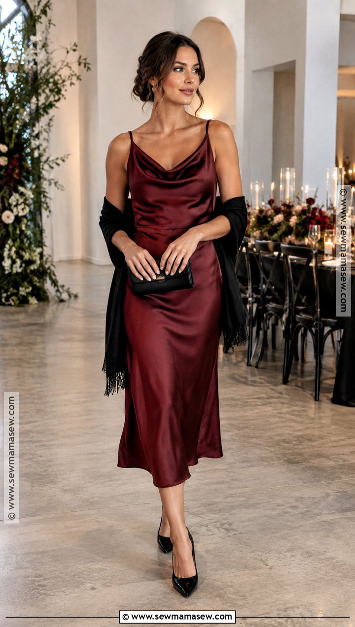 Burgundy Satin Midi Wedding Guest Dress - 20 wedding dresses guest fall