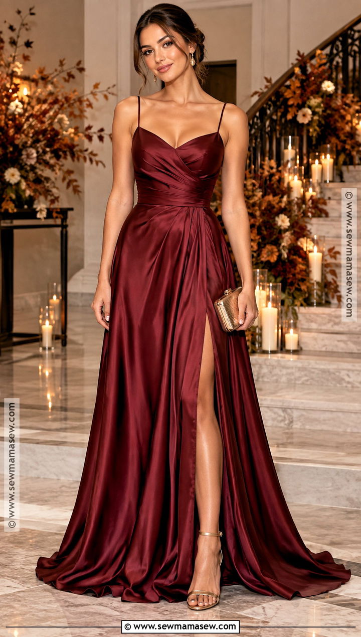 Burgundy Satin Prom Dress With Gold Heels - 15 Prom Dresses Autumn Colours