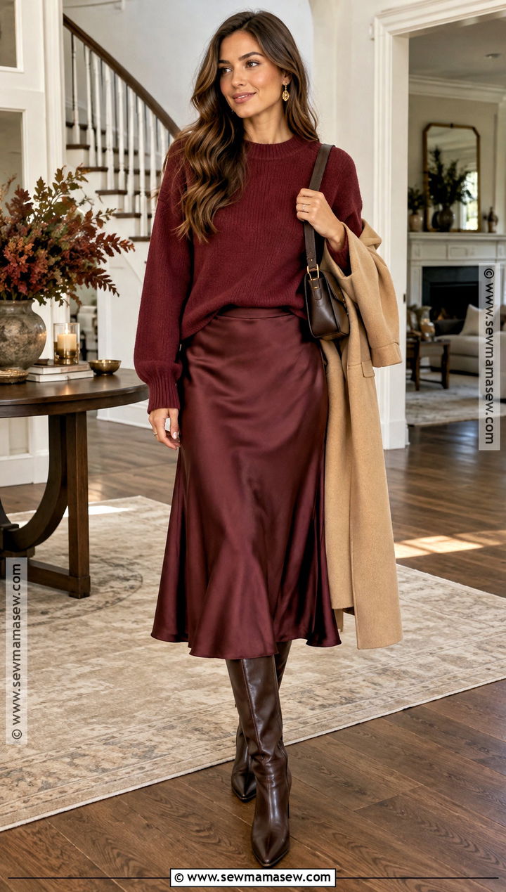 Burgundy Satin Skirt And Red Sweater Thanksgiving Outfit - 20 red thanksgiving outfit ideas