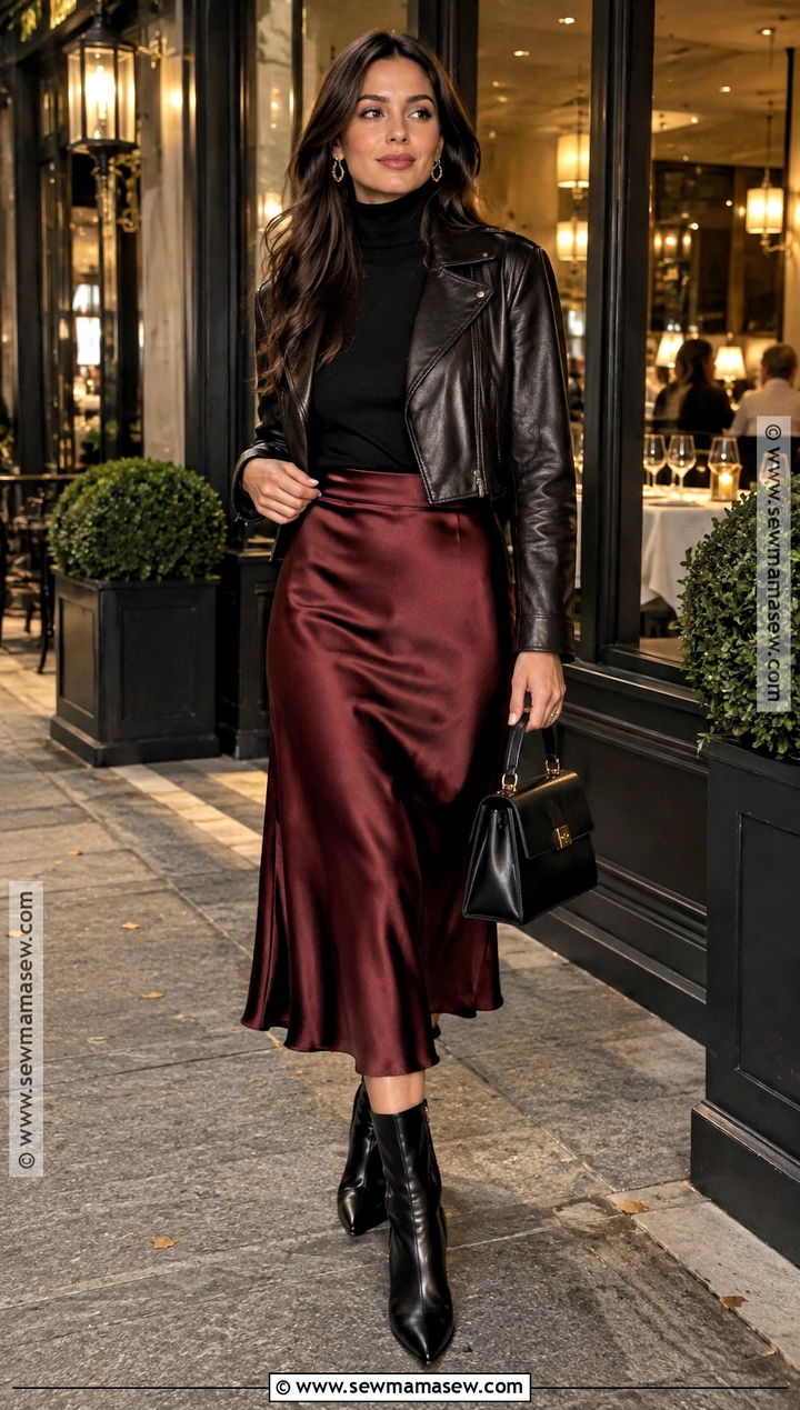Burgundy Satin Skirt Fall Dinner Outfit - 25 fall dinner outfits