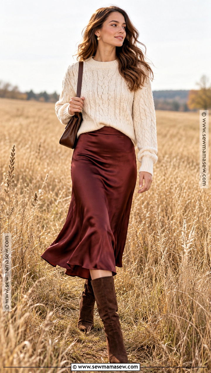 Burgundy Satin Skirt Fall Photo Shoot Outfit - 20 Fall Photo Shoot Outfits for Women