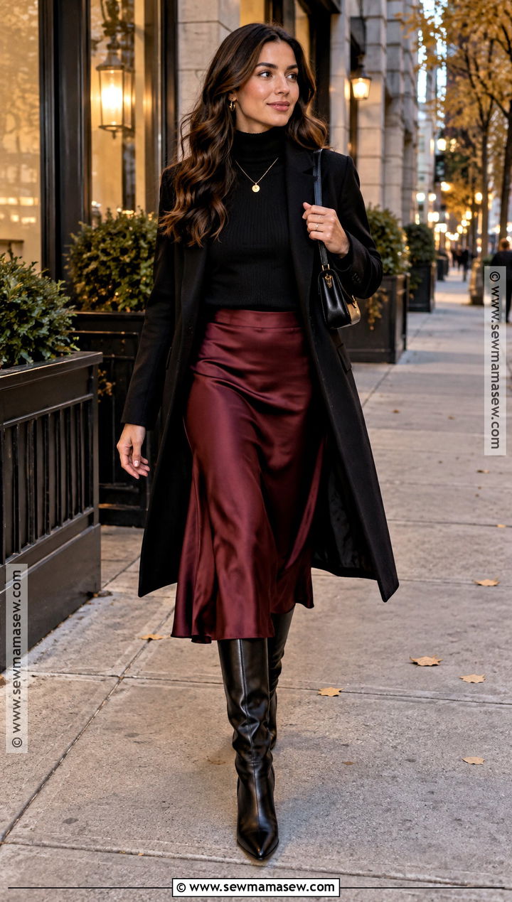 Burgundy Satin Skirt With Black Turtleneck And Knee High Boots - 25 satin skirt outfit fall ideas