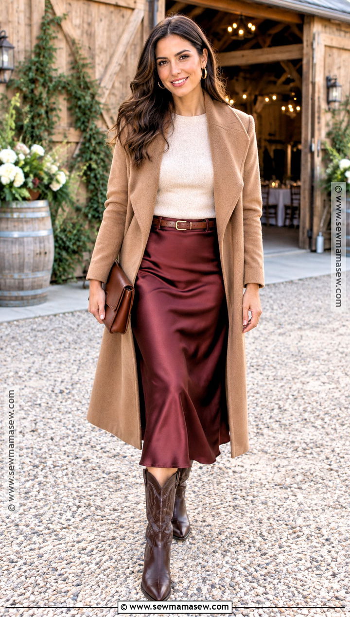 Burgundy Satin Skirt With Cream Knit Top - 20 fall western wedding guest outfit ideas