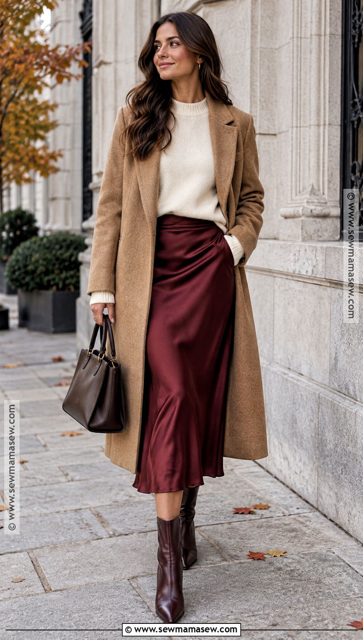 Burgundy Satin Skirt With Cream Sweater And Boots - 25 satin skirt fall outfit ideas