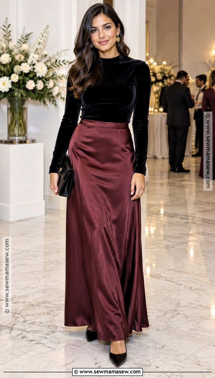 Burgundy Satin Skirt With Fitted Black Top - 25 fall formal outfits
