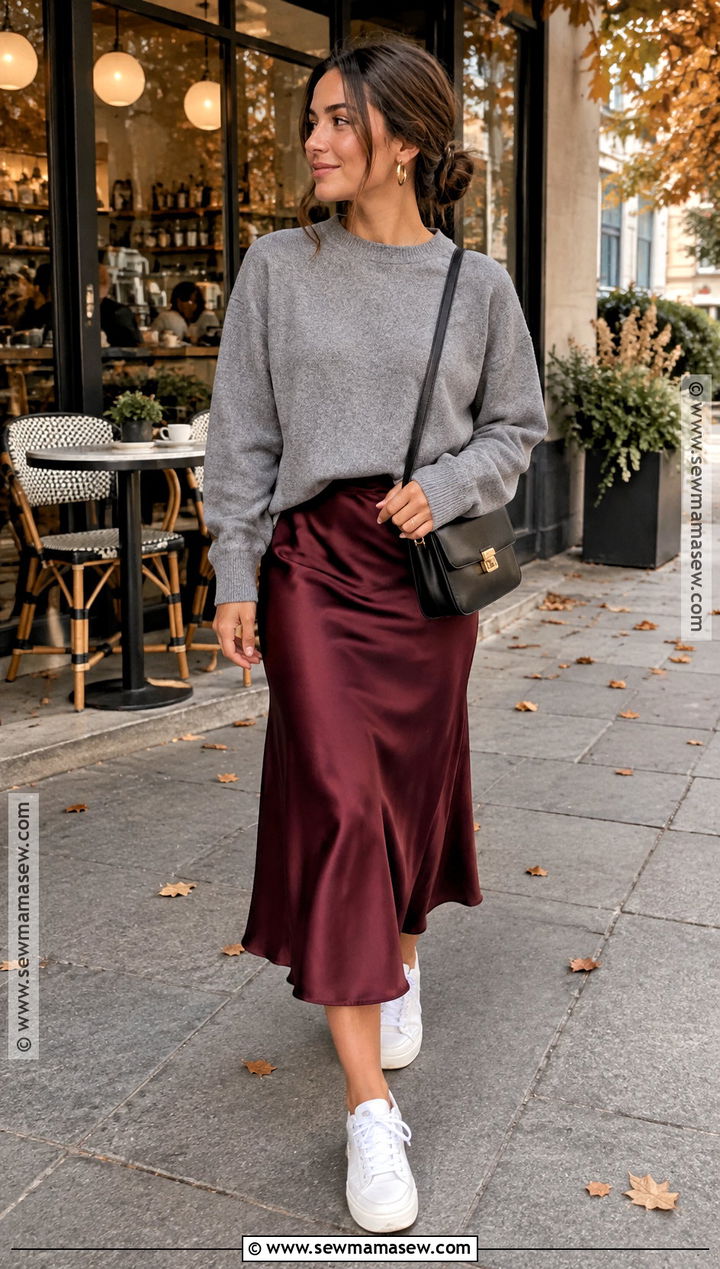 Burgundy Satin Skirt With Gray Sweatshirt - 25 burgundy skirt outfit fall ideas