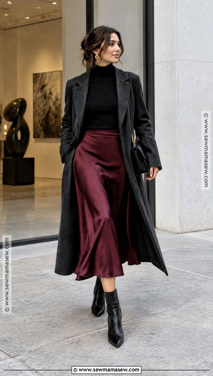 Burgundy Satin Skirt With a Black Turtleneck - 20 burgundy autumn outfit ideas