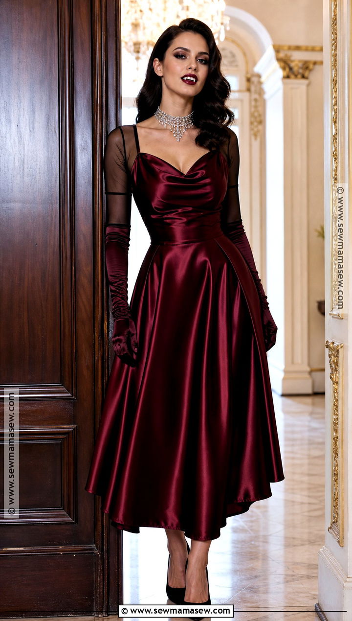 Burgundy Satin Vampire Dress With Gloves - 30 vampire dresses