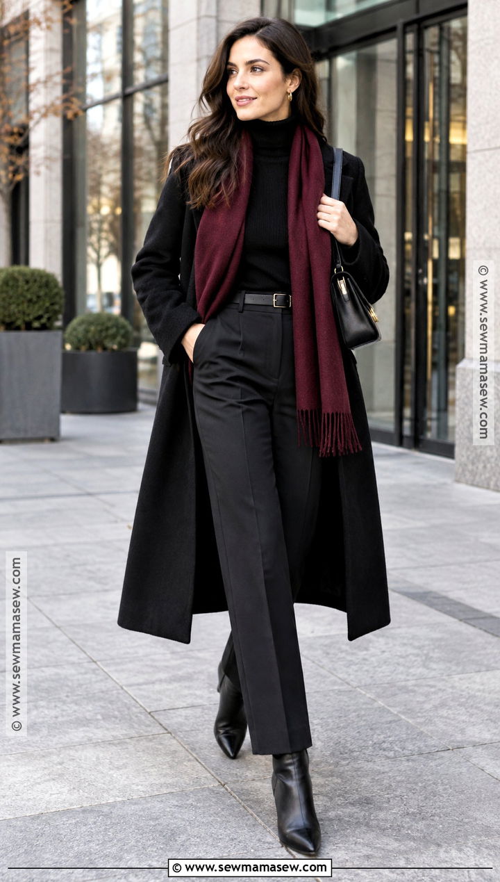 Burgundy Scarf With Black Coat And Trousers - 25 fall scarf outfit ideas