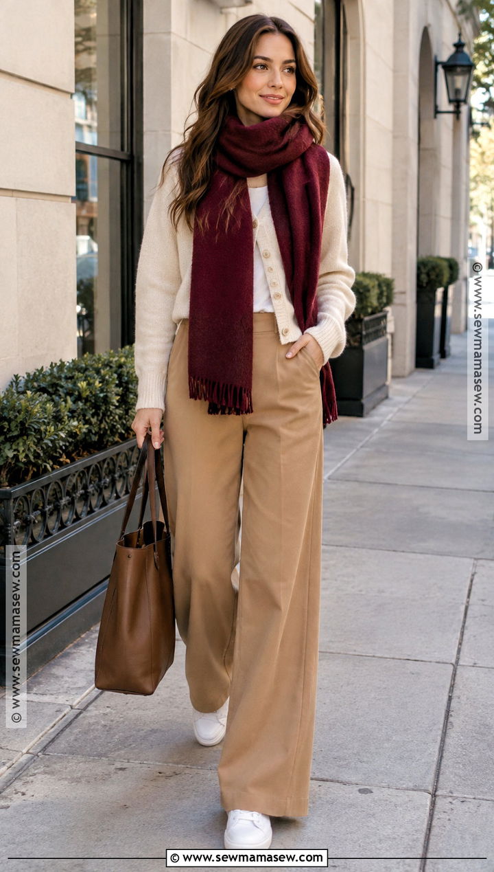 Burgundy Scarf With Cardigan Wide Leg Pants And Sneakers - 20 autumn scarf outfit ideas