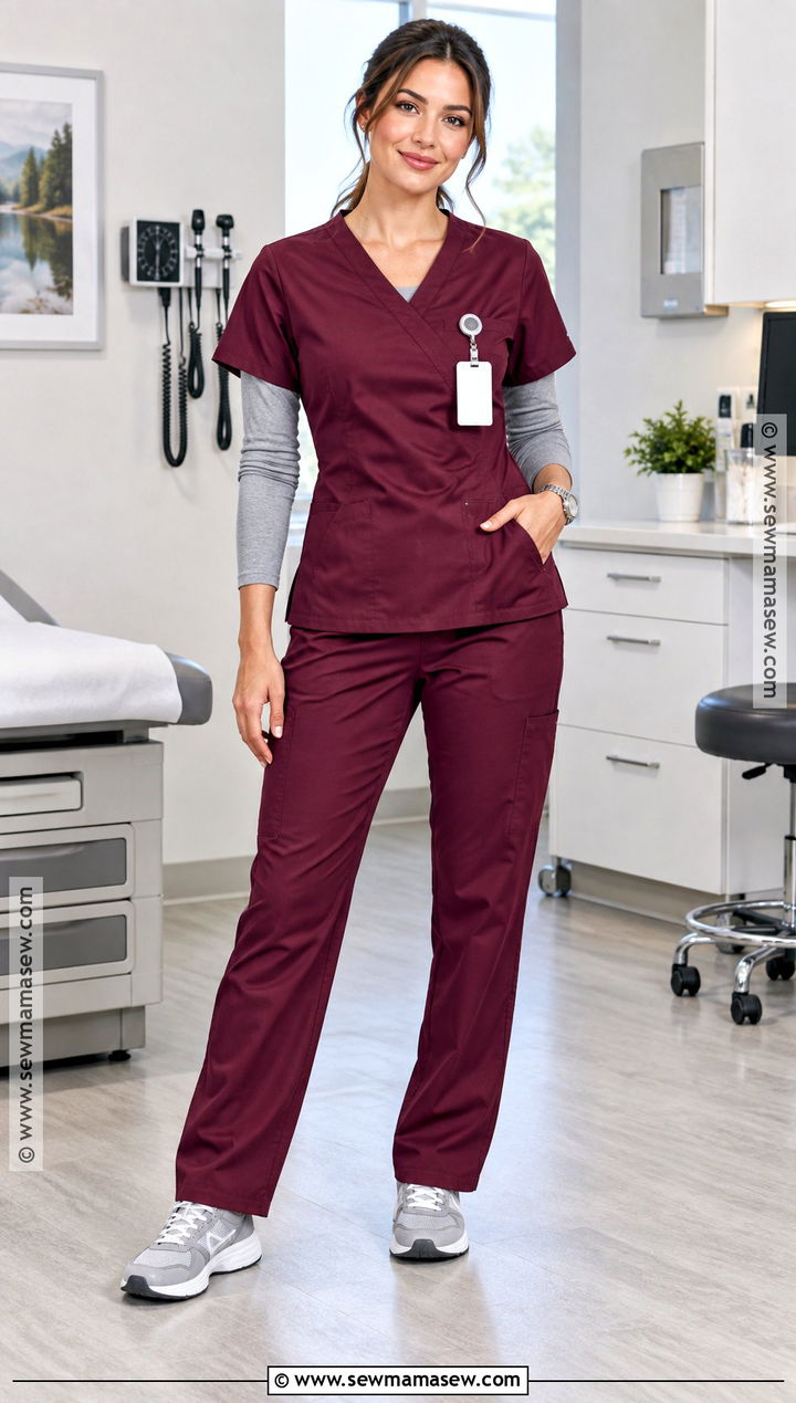 Burgundy Scrubs With Gray Long Sleeve Tee - 20 Fall Scrub Outfits