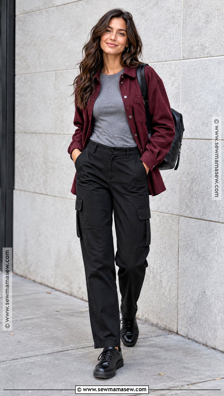 Burgundy Shacket With Black Cargo Pants - 25 burgundy fall outfits