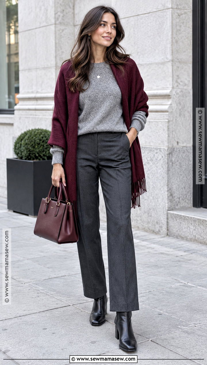 Burgundy Shawl With A Gray Sweater Outfit - 20 shawl outfit fall ideas