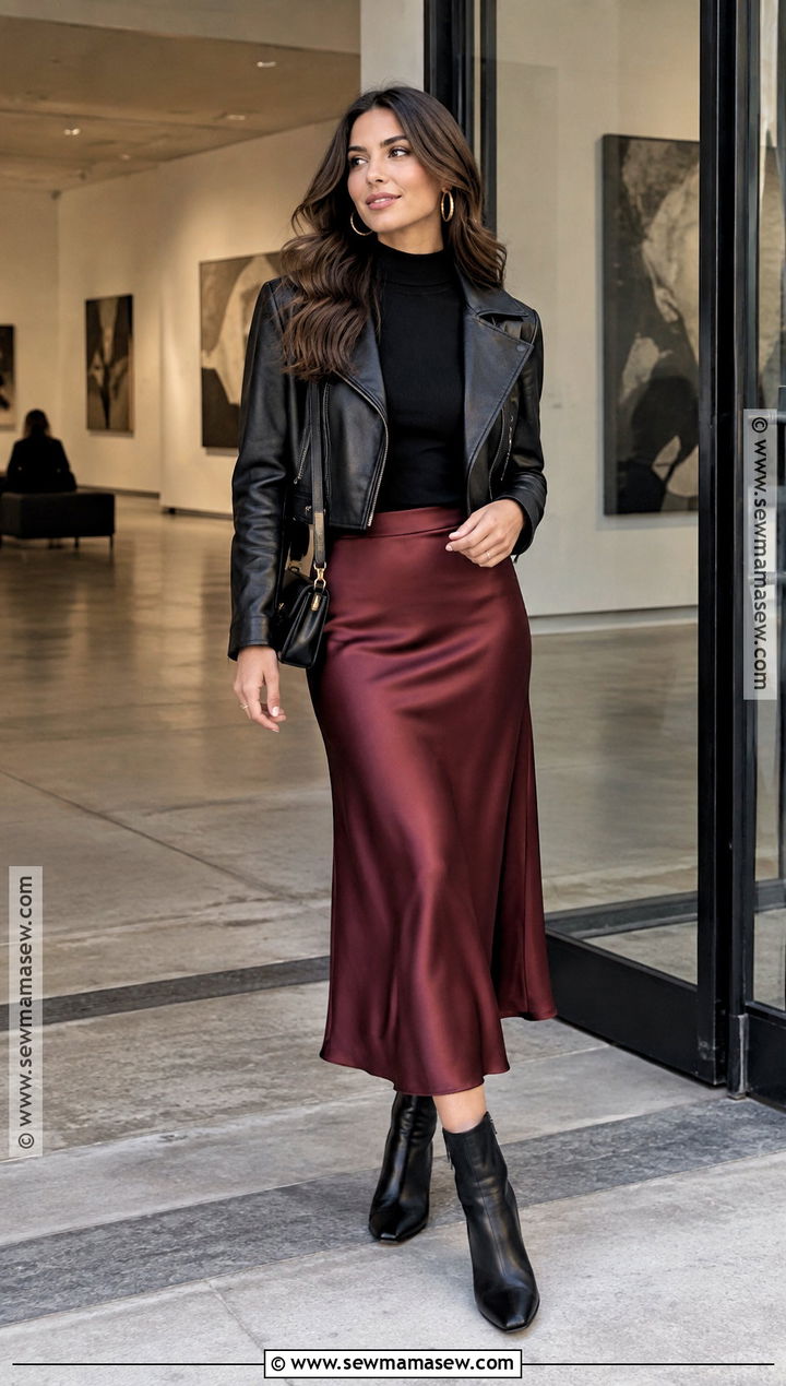 Burgundy Silk Skirt With Leather Jacket - 20 silk skirt outfit fall ideas
