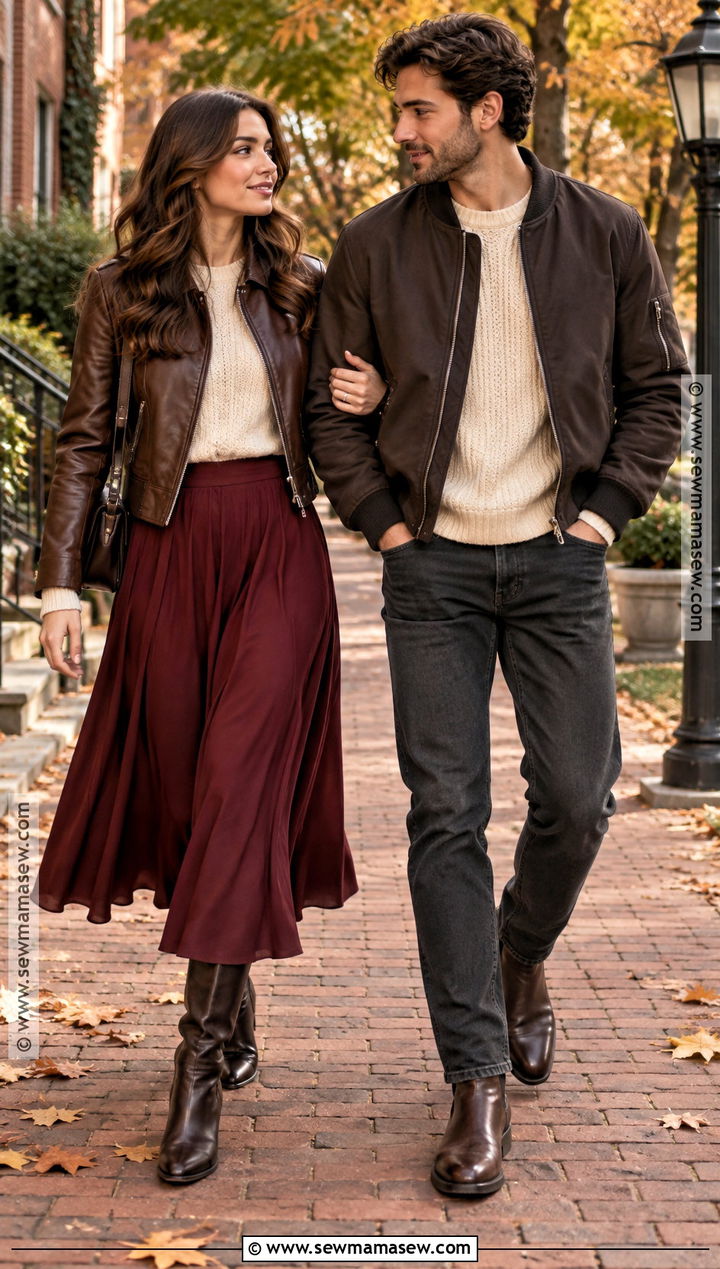 Burgundy Skirt And Leather Jacket Fall Couple Outfit - 20 fall couple photoshoot outfits photo ideas outdoor