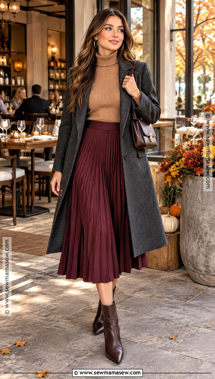 Burgundy Skirt And Turtleneck Outfit - 15 fall bridal shower guest outfit ideas