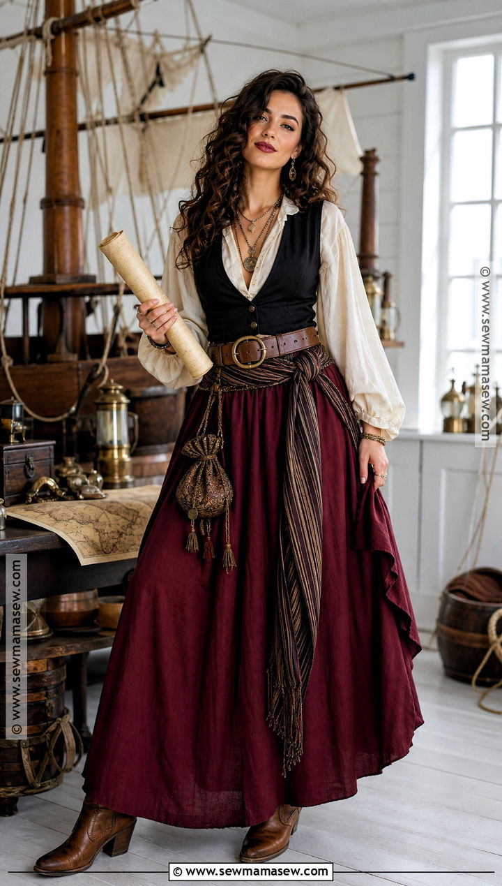 Burgundy Skirt Pirate Costume - 30 last minute pirate costume ideas