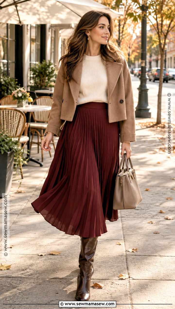 Burgundy Skirt With Cream Sweater - 20 burgundy autumn outfit ideas