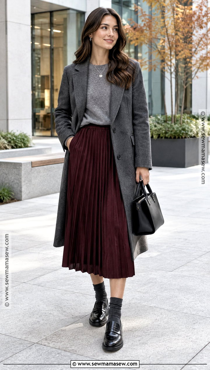 Burgundy Skirt With Gray Sweater And Loafers - 25 fall outfit skirt ideas