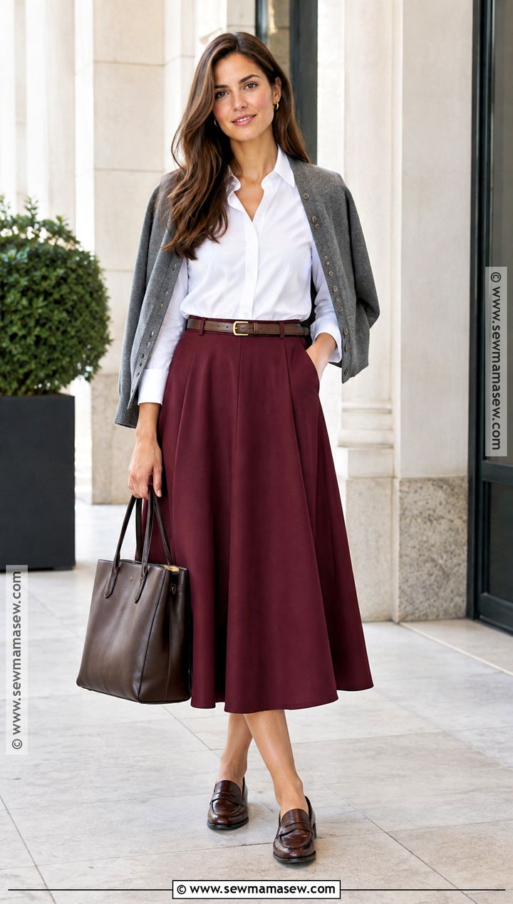 Burgundy Skirt and White Button Down Outfit - 15 fall burgandy outfits