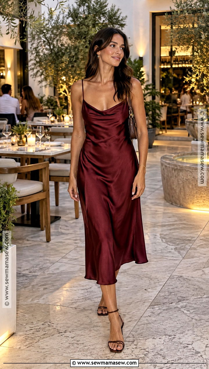 Burgundy Slip Dress And Minimal Sandals Fall Outfit - 25 Fall Outfits Hot Weather