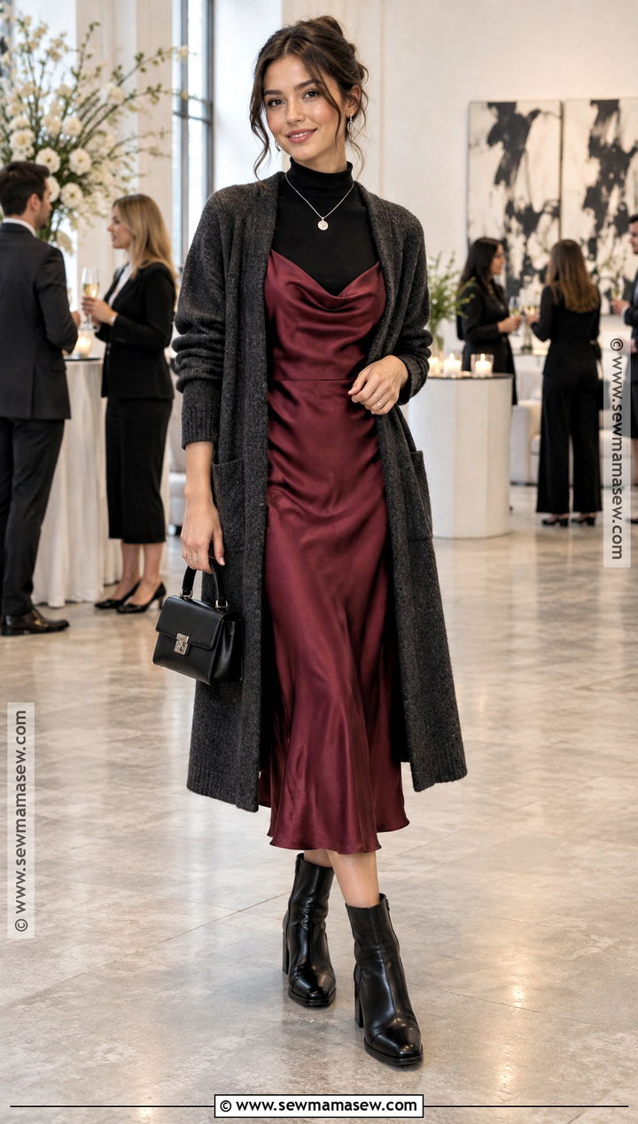 Burgundy Slip Dress With Long Cardigan - 25 burgundy fall outfits
