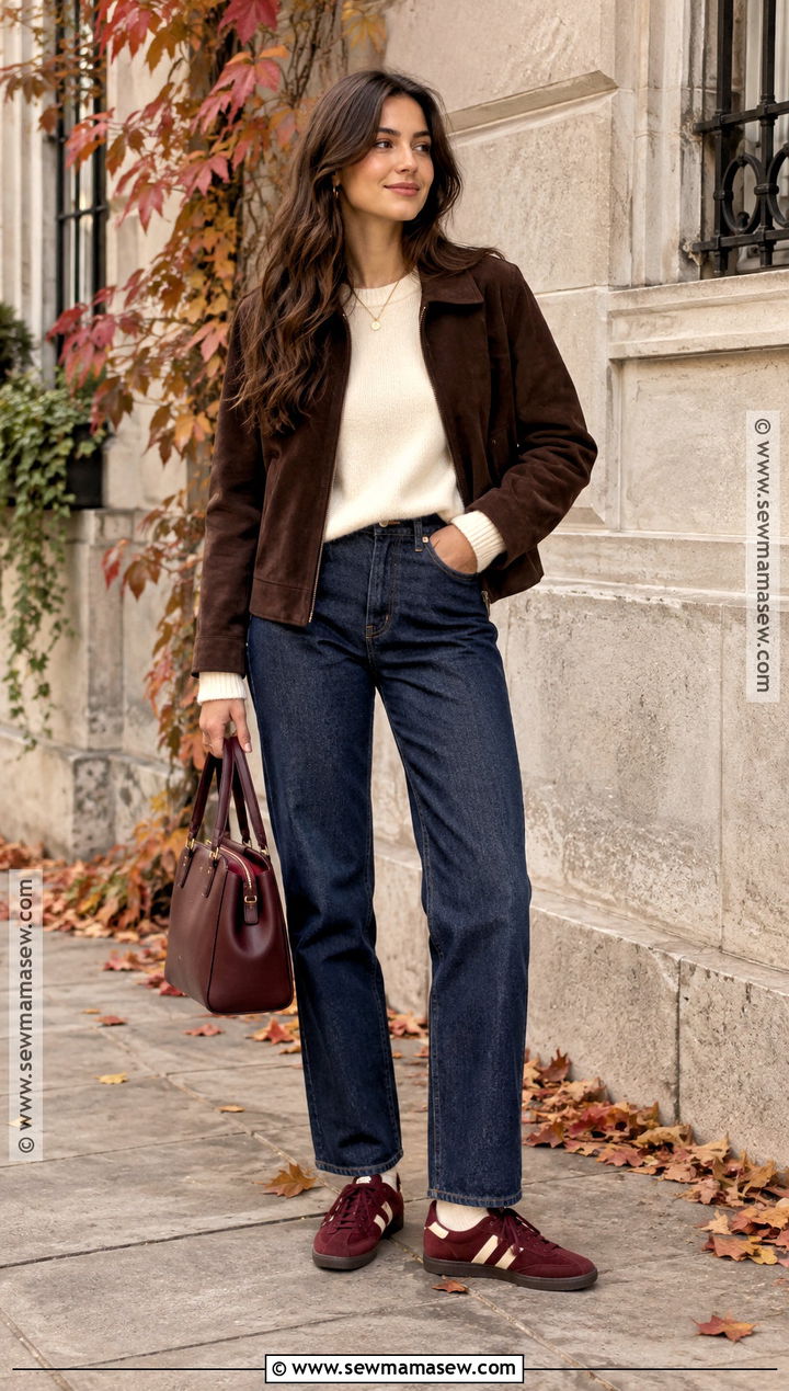 Burgundy Sneaker Outfit With Dark Denim - 15 Sneaker Outfit Fall Ideas