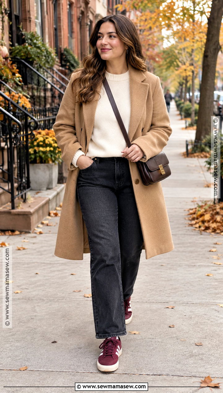 Burgundy Sneakers With Straight Leg Jeans and Camel Coat - 15 Fall Color Sneakers