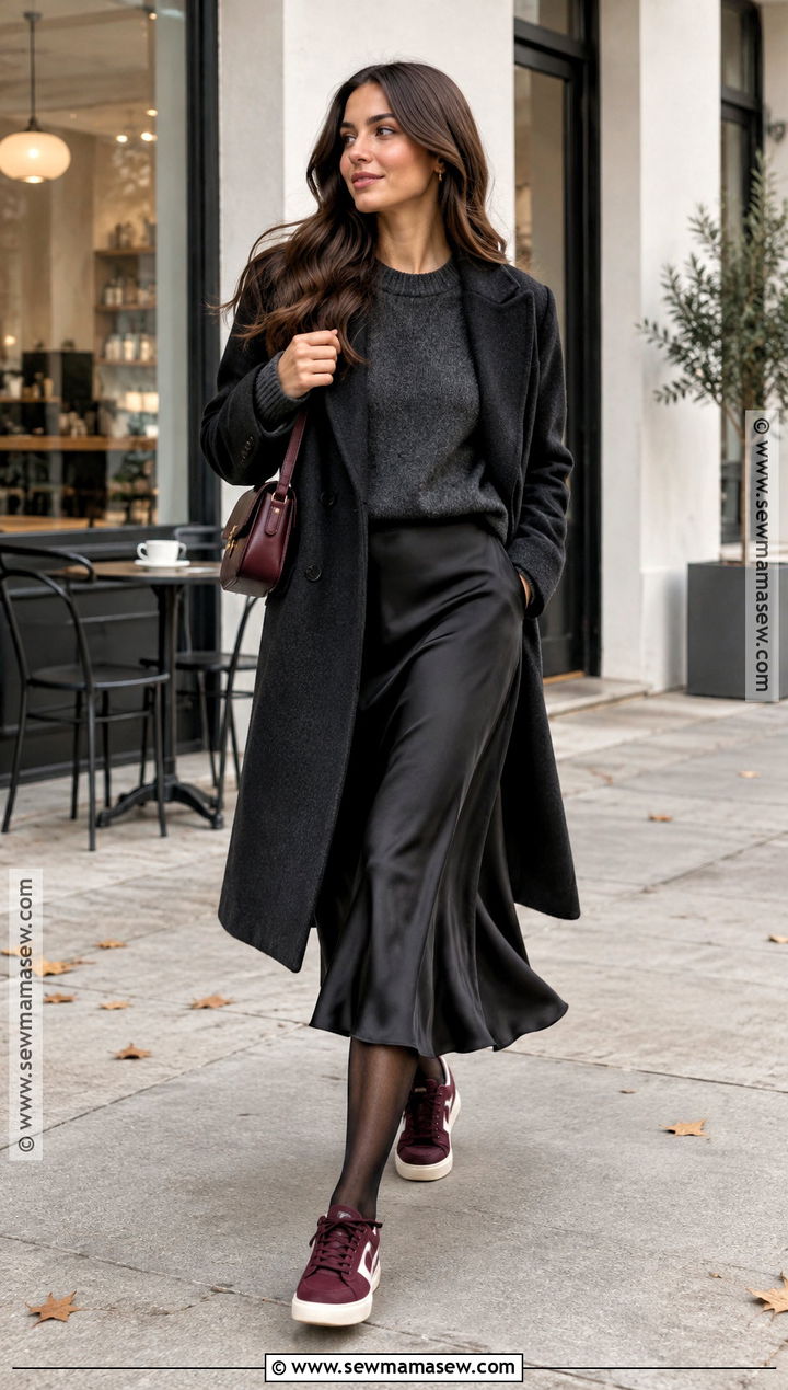 Burgundy Sneakers With Sweater And Midi Skirt - 15 Fall Fashion Sneaker Ideas