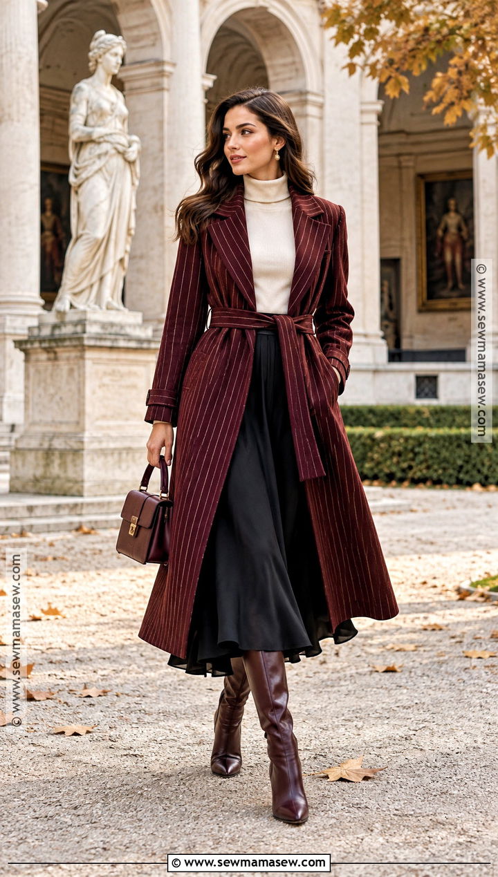 Burgundy Striped Coat With A Midi Skirt - 15 autumn striped coat ideas