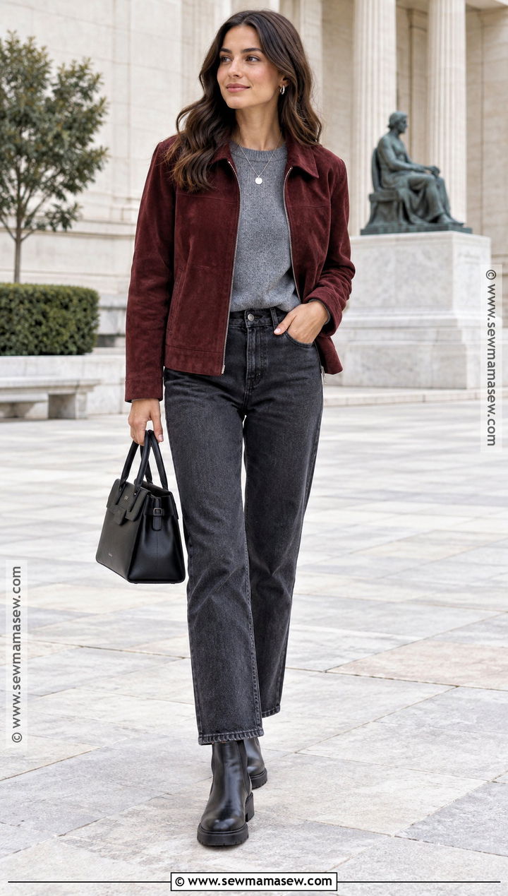 Burgundy Suede Jacket With Gray Jeans - 15 fall suede jacket outfit ideas