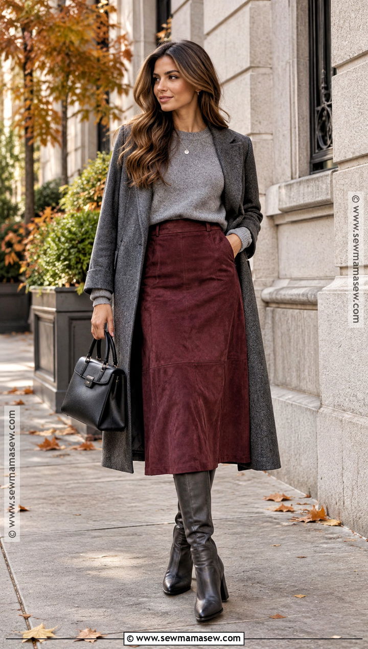 Burgundy Suede Skirt With Gray Sweater And Tall Boots - 15 suede skirt outfit fall ideas 2026