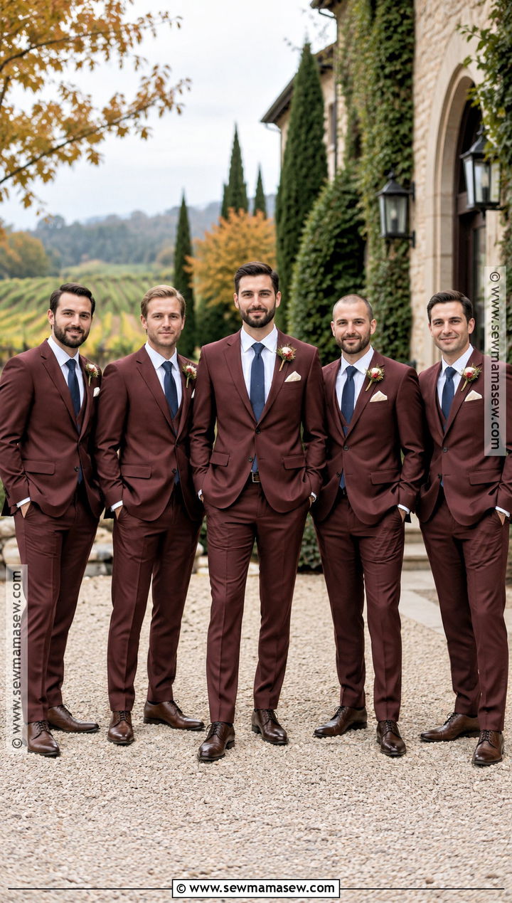 Burgundy Suit And Navy Tie Groomsmen Attire - 25 fall wedding groomsmen attire ideas