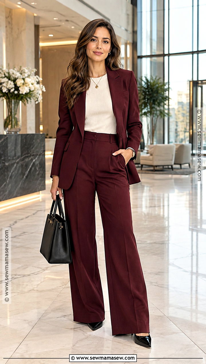 Burgundy Suit And Neutral Knit Office Outfit - 15 Office Outfit Fall Ideas 2026