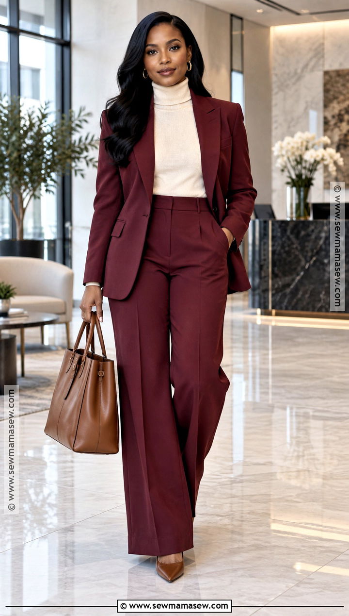 Burgundy Suit And Turtleneck Autumn Outfit - 25 autumn outfits for black women