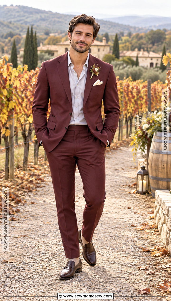 Burgundy Suit Fall Groom Outfit - 15 casual fall groom attire ideas