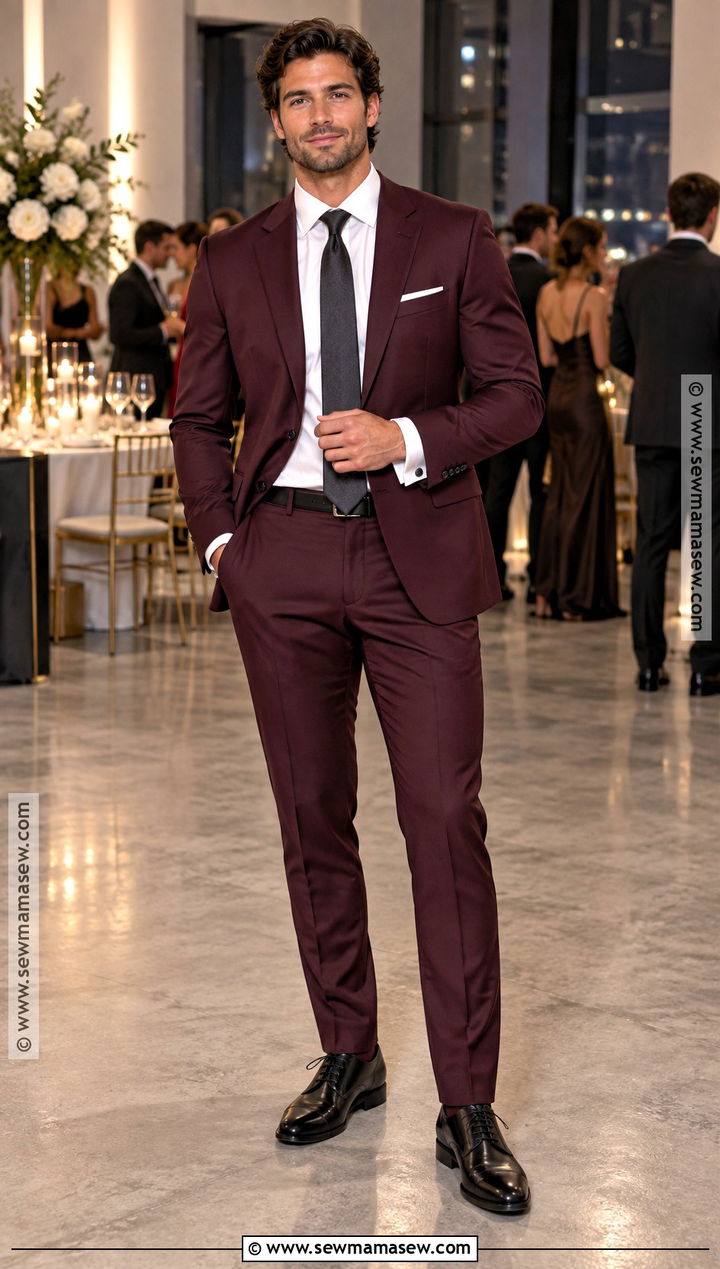 Burgundy Suit Fall Wedding Guest Outfit - 15 fall wedding outfit men guest ideas