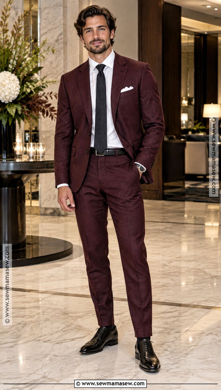 Burgundy Suit Fall Wedding Guest Outfit - 15 fall wedding attire for men guest ideas