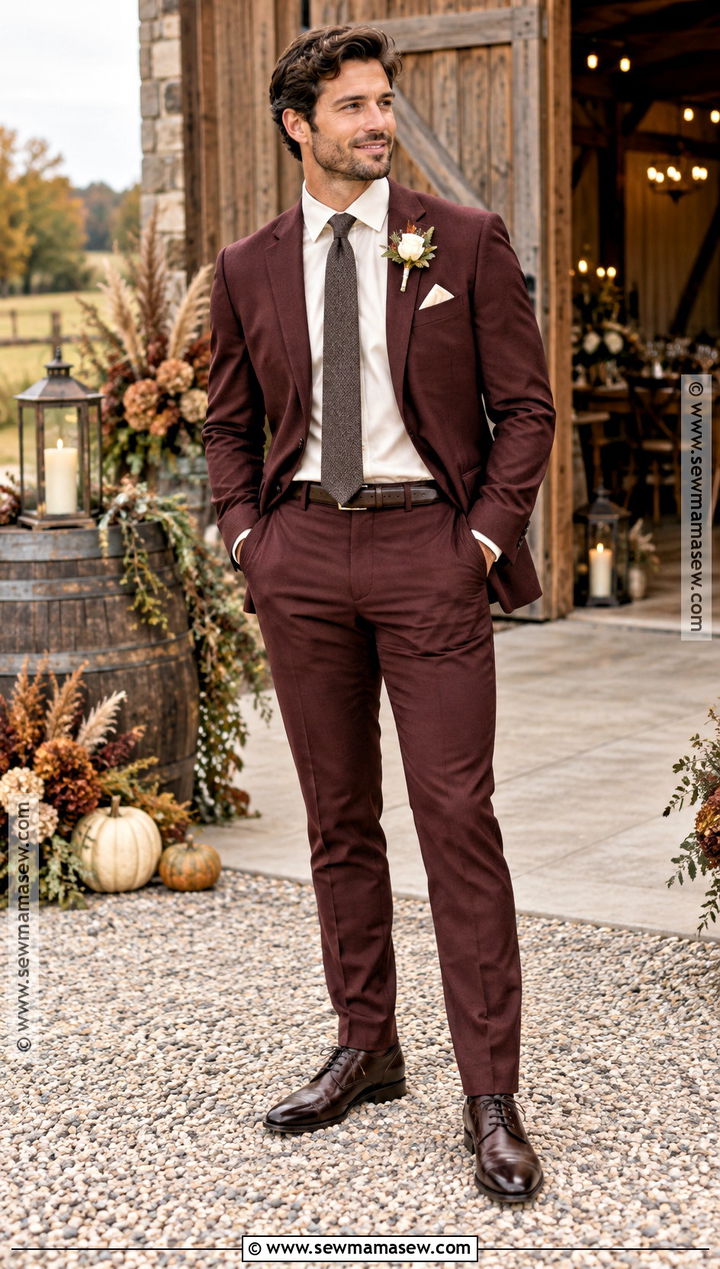 Burgundy Suit Groom Attire - 15 fall country wedding groom attire ideas