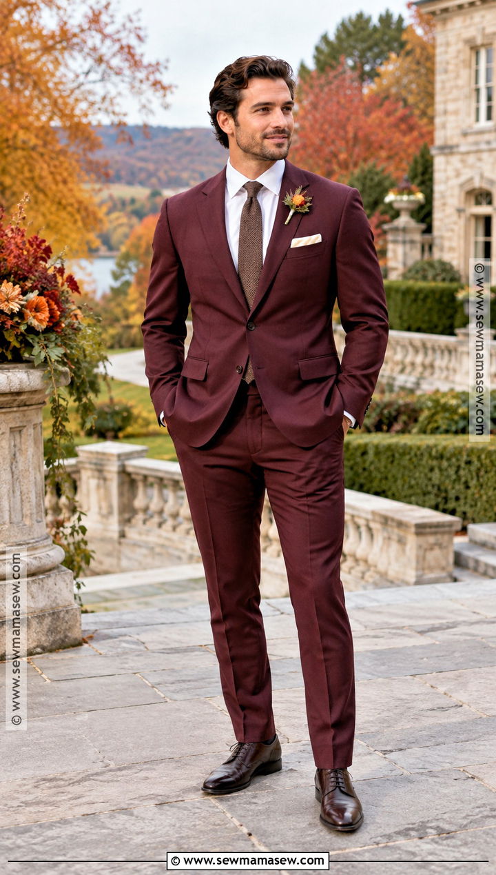 Burgundy Suit Groom Outfit - 15 fall wedding attire for groom ideas