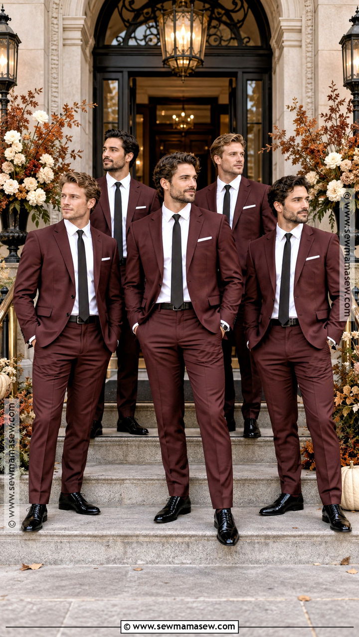 Burgundy Suit With Black Accessories - 20 groomsmen fall wedding attire ideas