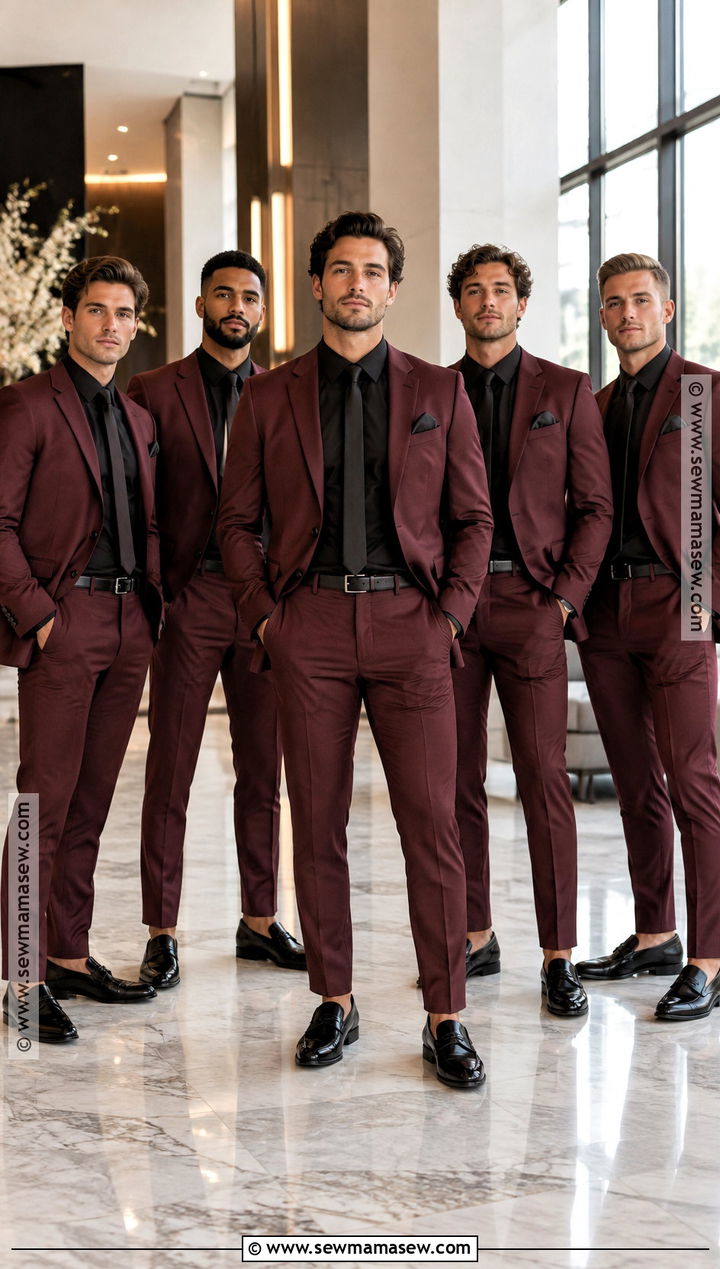 Burgundy Suit With Black Shirt And Black Loafers - 15 burgundy groomsmen attire fall wedding ideas