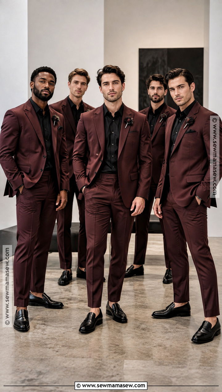 Burgundy Suit With Black Shirt - 15 november groomsmen attire ideas